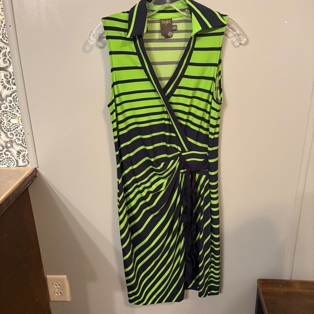 Taylor Womens Size 6 Green Navy Blue Striped Sleeveless Faux Wrap Sheath Dress